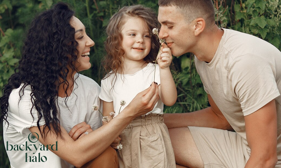 “Family bonding in a serene backyard setting with ‘backyard halo’ branding.”